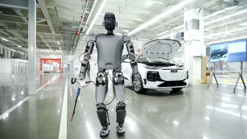 奥迪一汽首次在生产基地试运行优必选 Walker S1 人形机器人(图1)